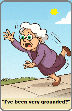 Cartoon style elderly woman tripping on a sidewalk.