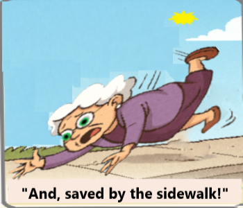 Lady falling on sidewalk.